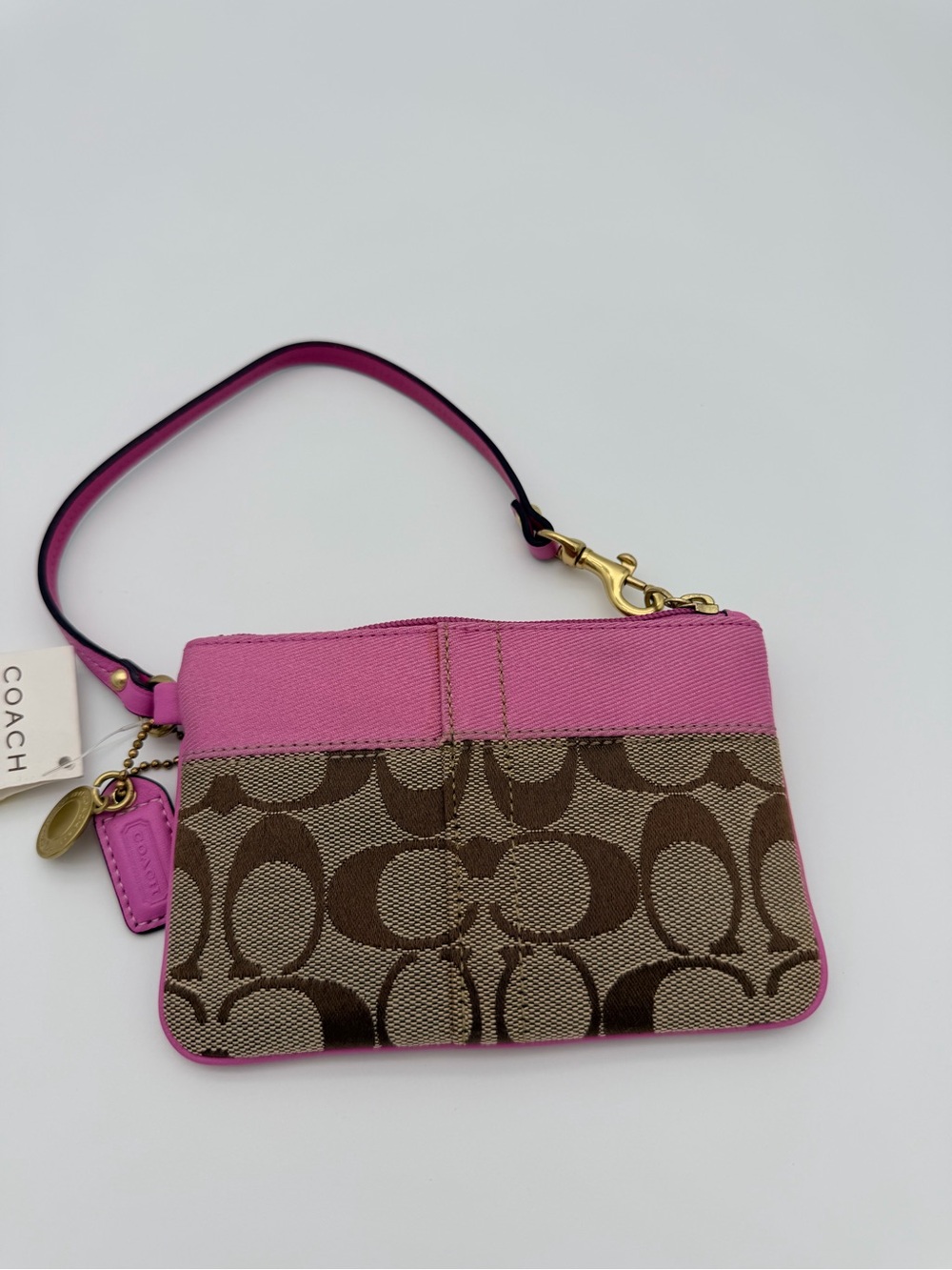 Coach Signature Canvas Wristlet in Pink Signature CC Brown Gold Hardware 41203